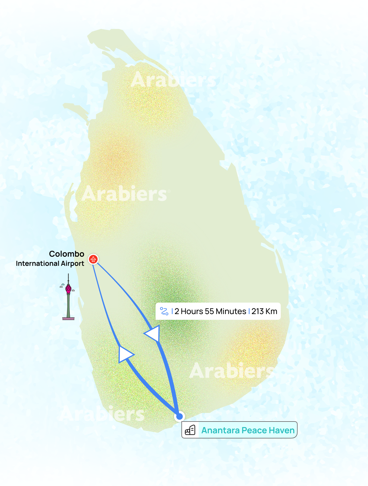 Distance from airport to Anantara Peace Haven Tangalle