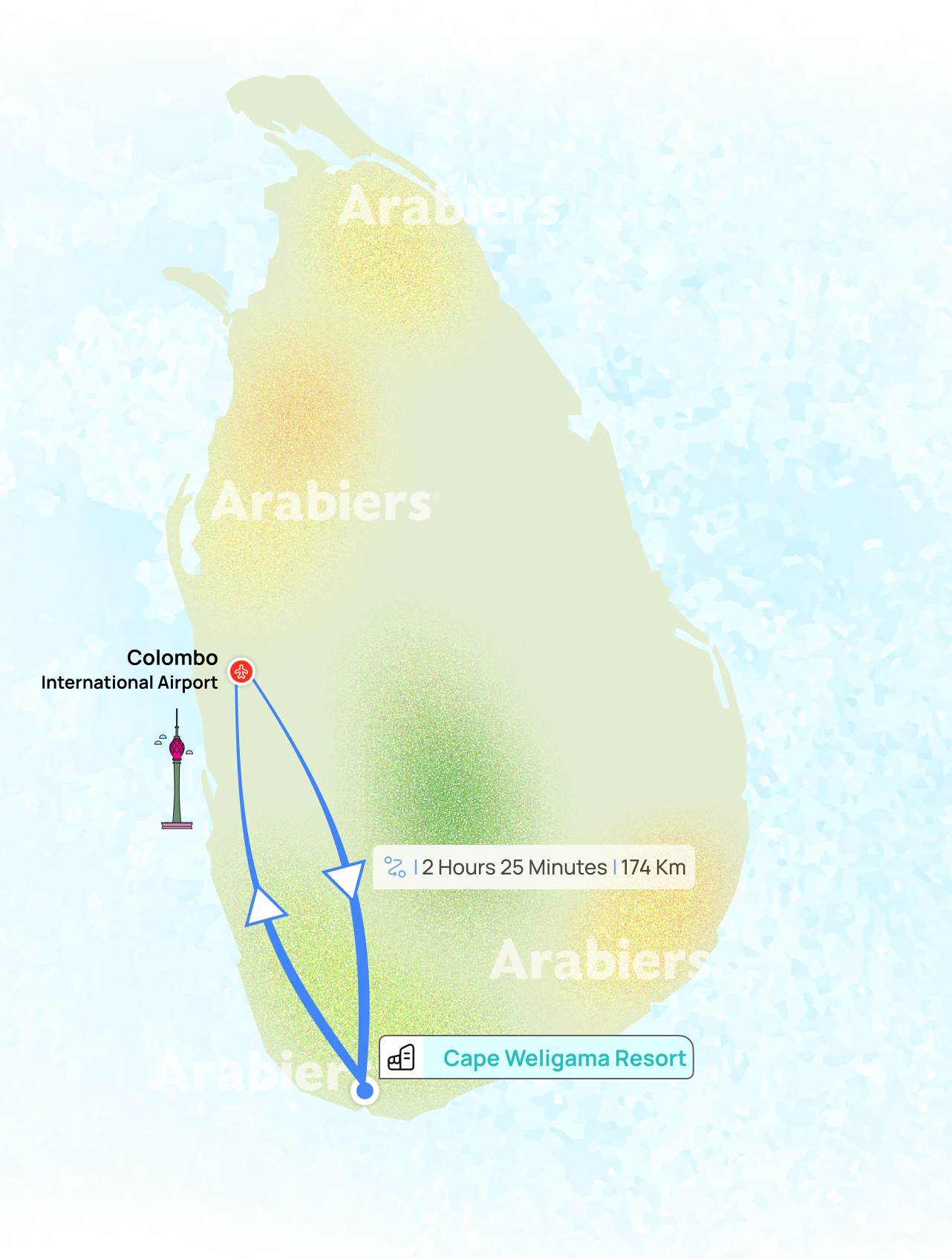 Distance from airport to Cape Weligama