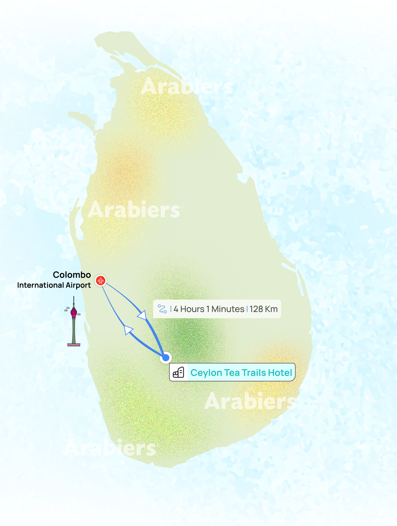 Distance from airport to Ceylon Tea Trails