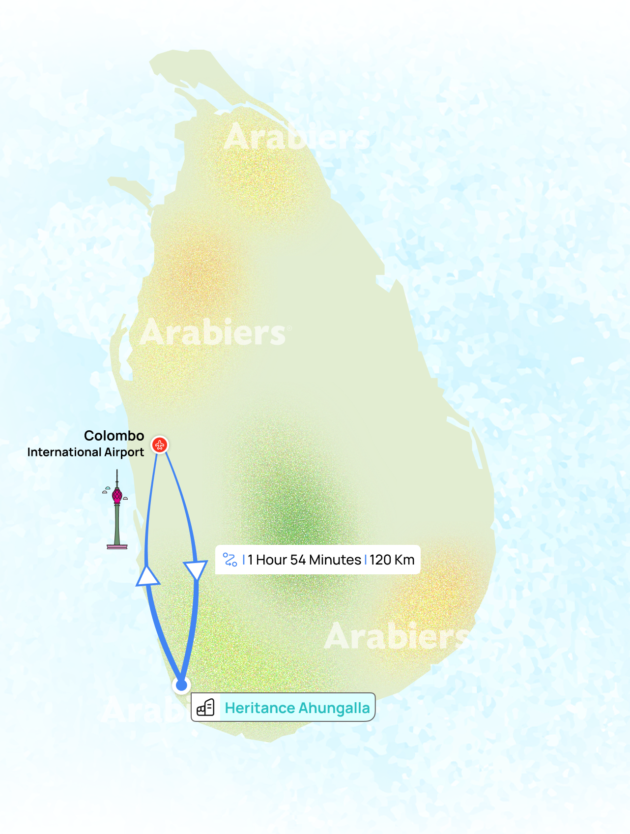 Distance from airport to heritance ahungalla