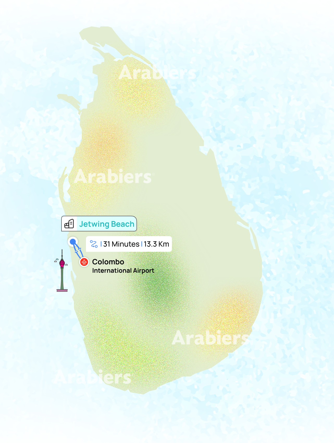 Distance from airport to Jetwing Beach hotel