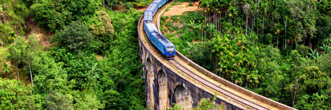 A view of a train passing on the Nine Arch Bridge