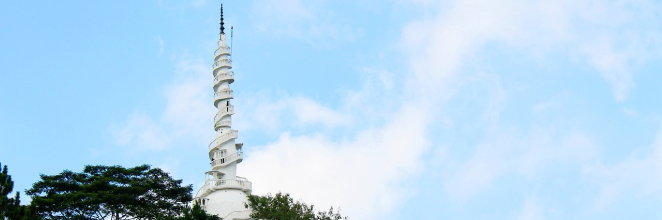 A distant view of the Ambuluwawa Tower, surrounded by trees